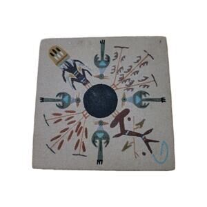 Native American Navajo Indian Sand Painting Art Signed L. Sandman 4”x4”